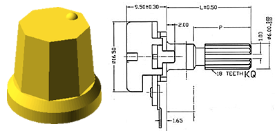 Abmessungen eines handelsüblichen Potentiometers (Schaft ist 6,0mm im Durchmesser)
