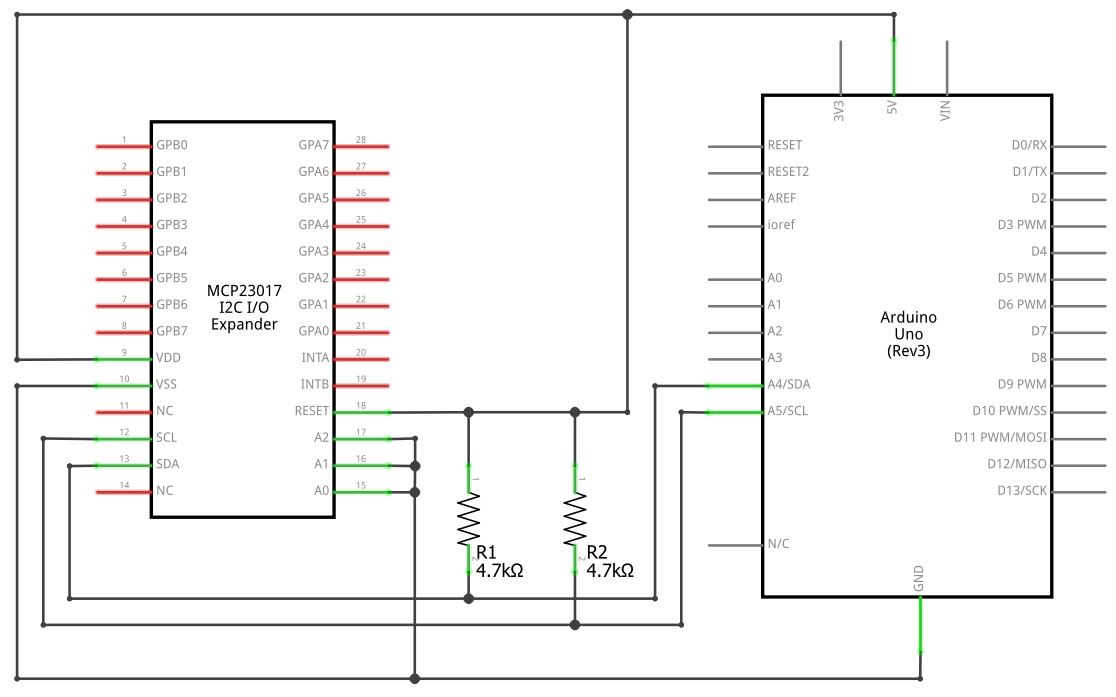 Basis-Schaltung zwischen Arduino Uno und MCP23017