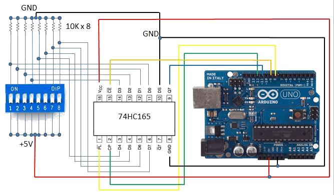 Aufbau: Schieberegister 74HC165 mit dem Arduino