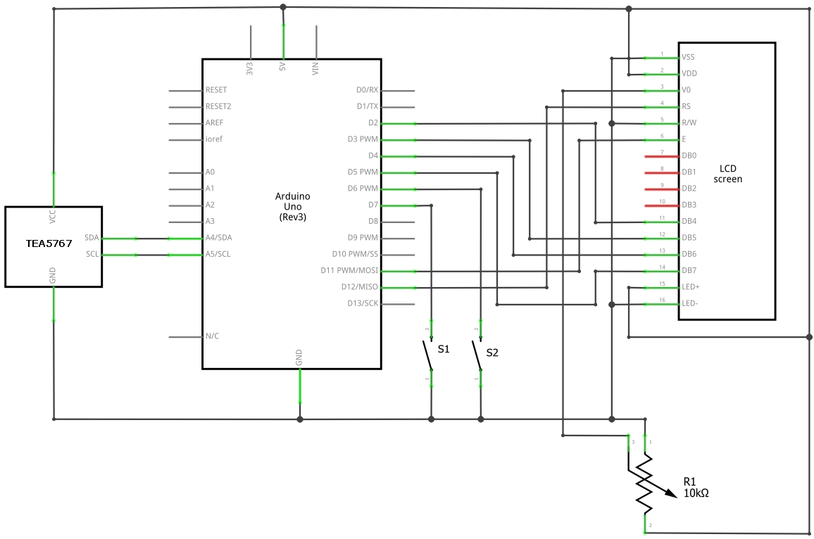 Schaltplan für den Aufbau mit Arduino, LCd und TEA5767