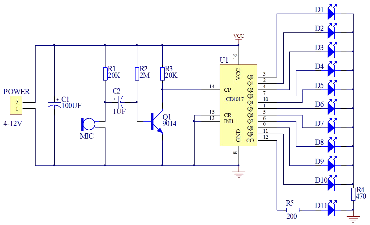 Schaltplan des LED-Sound Kits mit dem CD4017