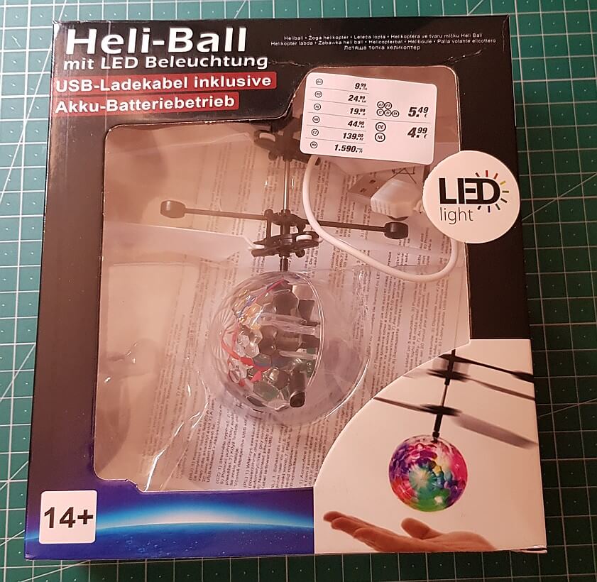 Original-Verpackung des Heli-Balls mit LED-Beleuchtung