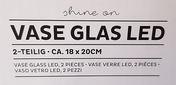 Produktbezeichnung der LED-Vase auf der Verpackung