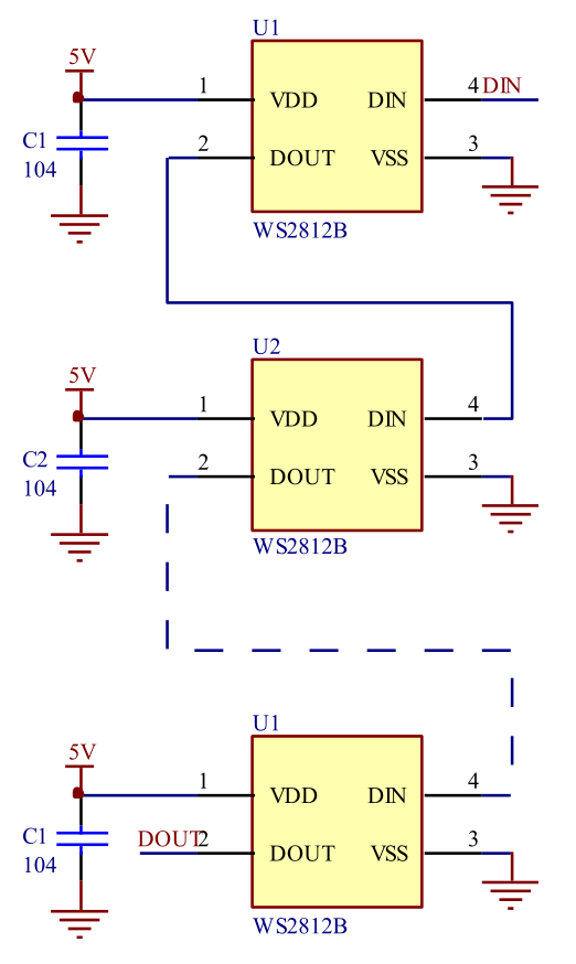 Schaltbild für typische serielle Schaltung mehrerer WS2812B-Module