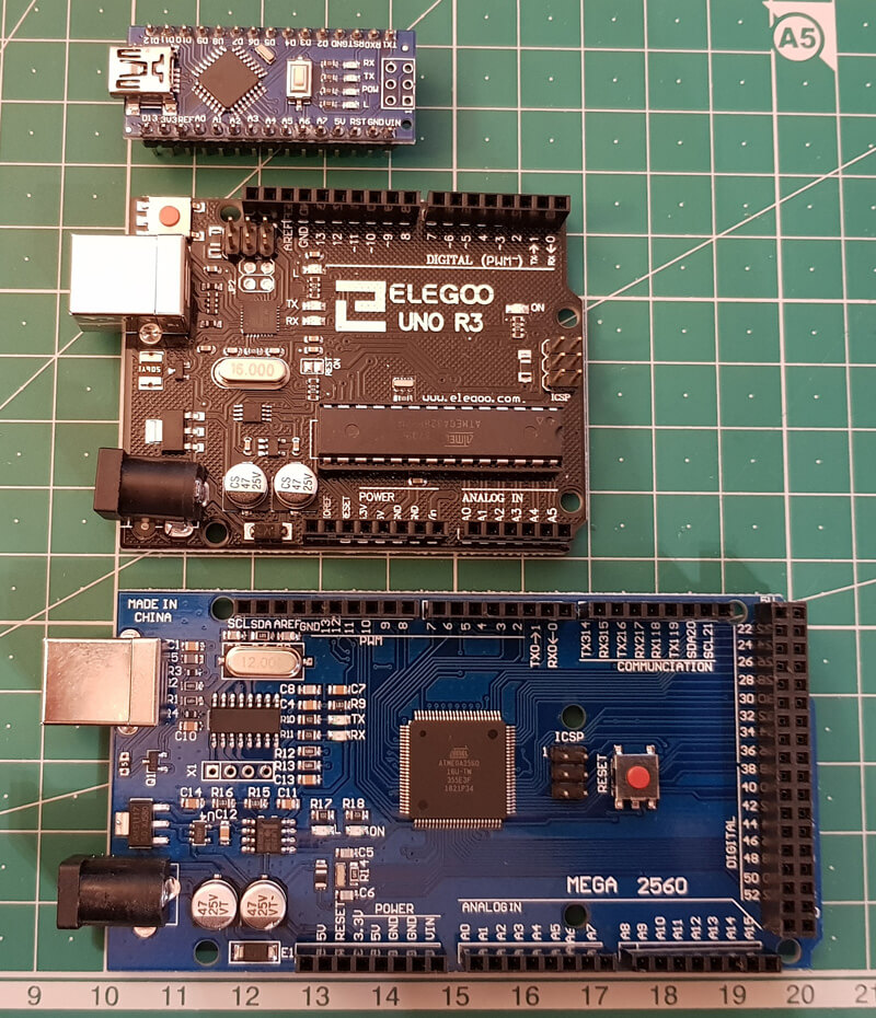 Größenvergleich von Arduino Nano, Arduino Uno und Arduino Mega 2560