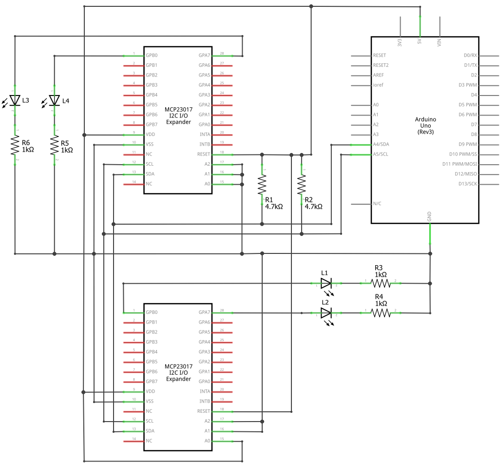 Schaltplan für den Betrieb von zwei MCP23017 mit dem Arduino Uno