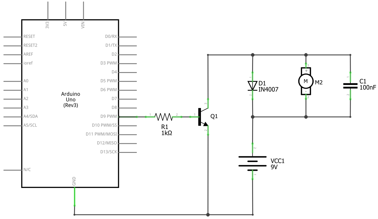 Schaltplan für den Betrieb eines DC-Motors mit Arduino und Transistor