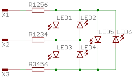 Charlieplexing mit 6 LEDs unter Verwendung von 3 Pins