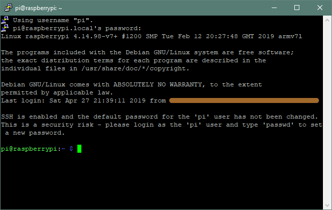 Erster Login mit SSH-Terminal PuTTY auf dem Raspberry Pi