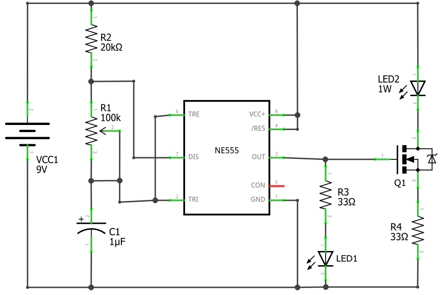 Schaltplan für den 1W-LED-Blitzer mit NE555-Timer