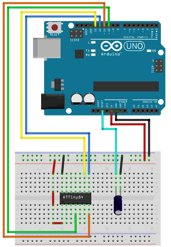 Aufbau zur Programmierung eines ATtiny84 mit dem Arduino Uno als ISP