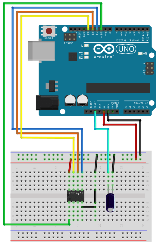 Aufbau zur Programmierung eines ATtiny85 mit dem Arduino Uno als ISP