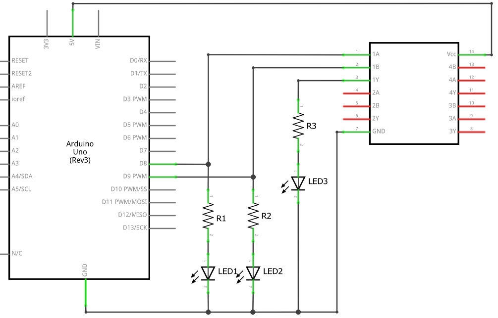 Schaltplan mit Arduino und SN7408 AND-Gatter