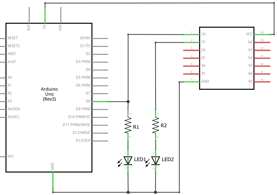 Schaltplan mit Arduino und SN7404 NOT-Gatter