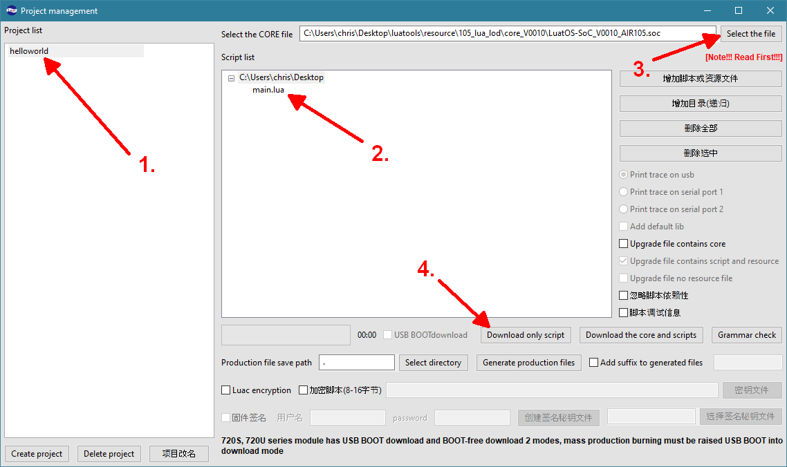 Luatools: Script auswählen und hochladen